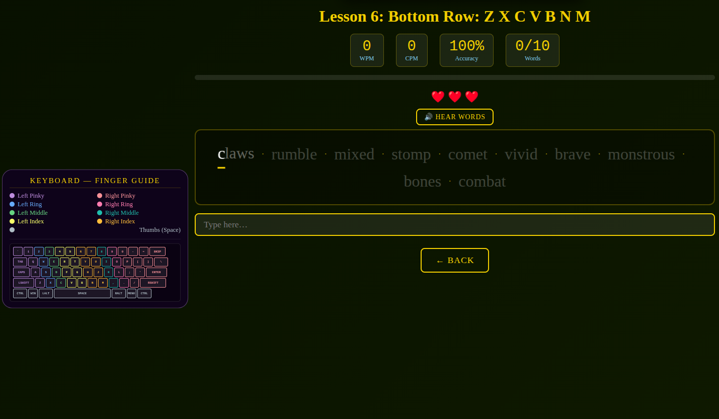 Thumbnail: Typing tutor lesson screen with finger guide and word list